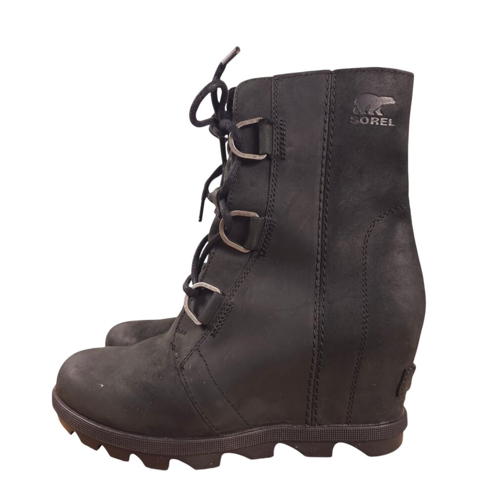 Sorel Joan of Arctic Wedge Mid Waterproof Leather Boots Black Sz 7